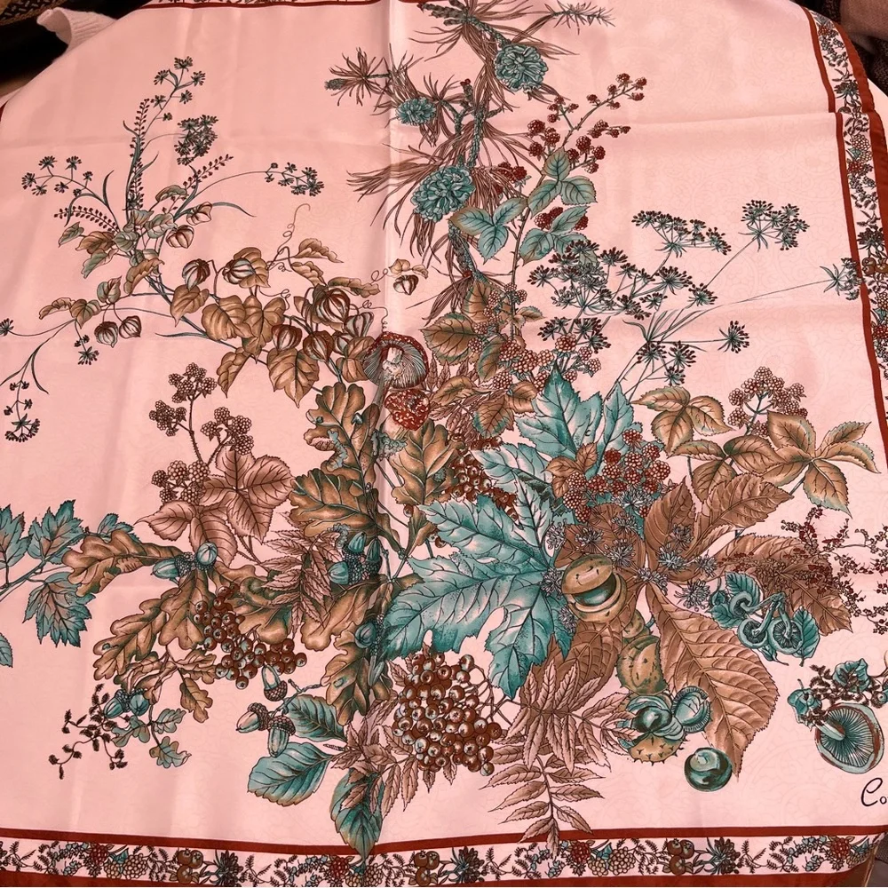 Vintage MCM Constanze  Fairycore Floral Mushroom Rust Aqua Jacquard silk Scarf